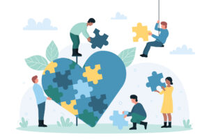 An illustration of people putting together a heart using puzzle pieces. In blues and greens and yellow.