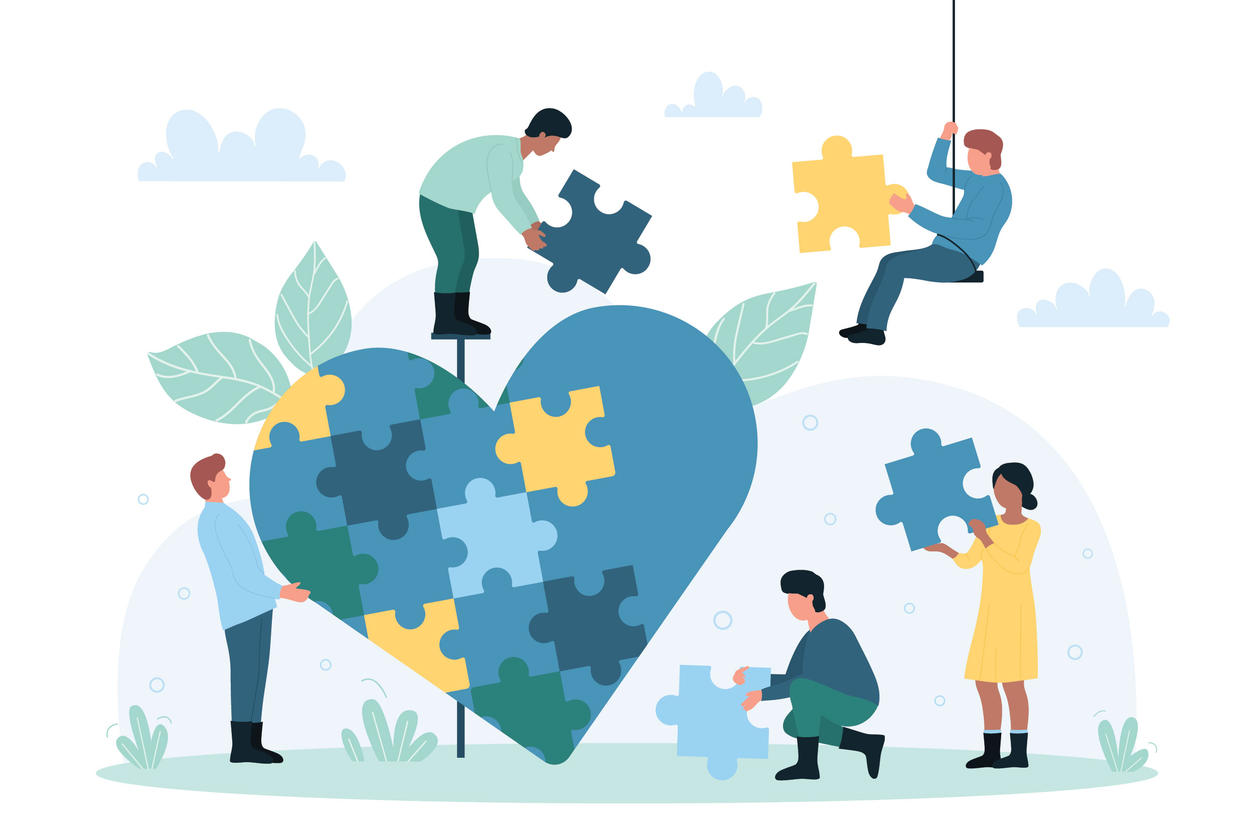 An illustration of people putting together a heart using puzzle pieces. In blues and greens and yellow.