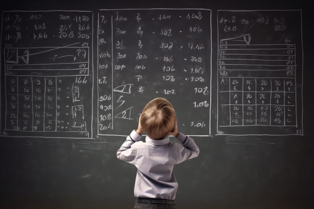 A photo of a small child in front of a blackboard full of equations.