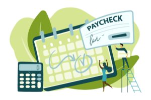 An illustration of a calendar and a calculator with a man on a ladder holding a paycheque and a woman below celebrating with her arms up.