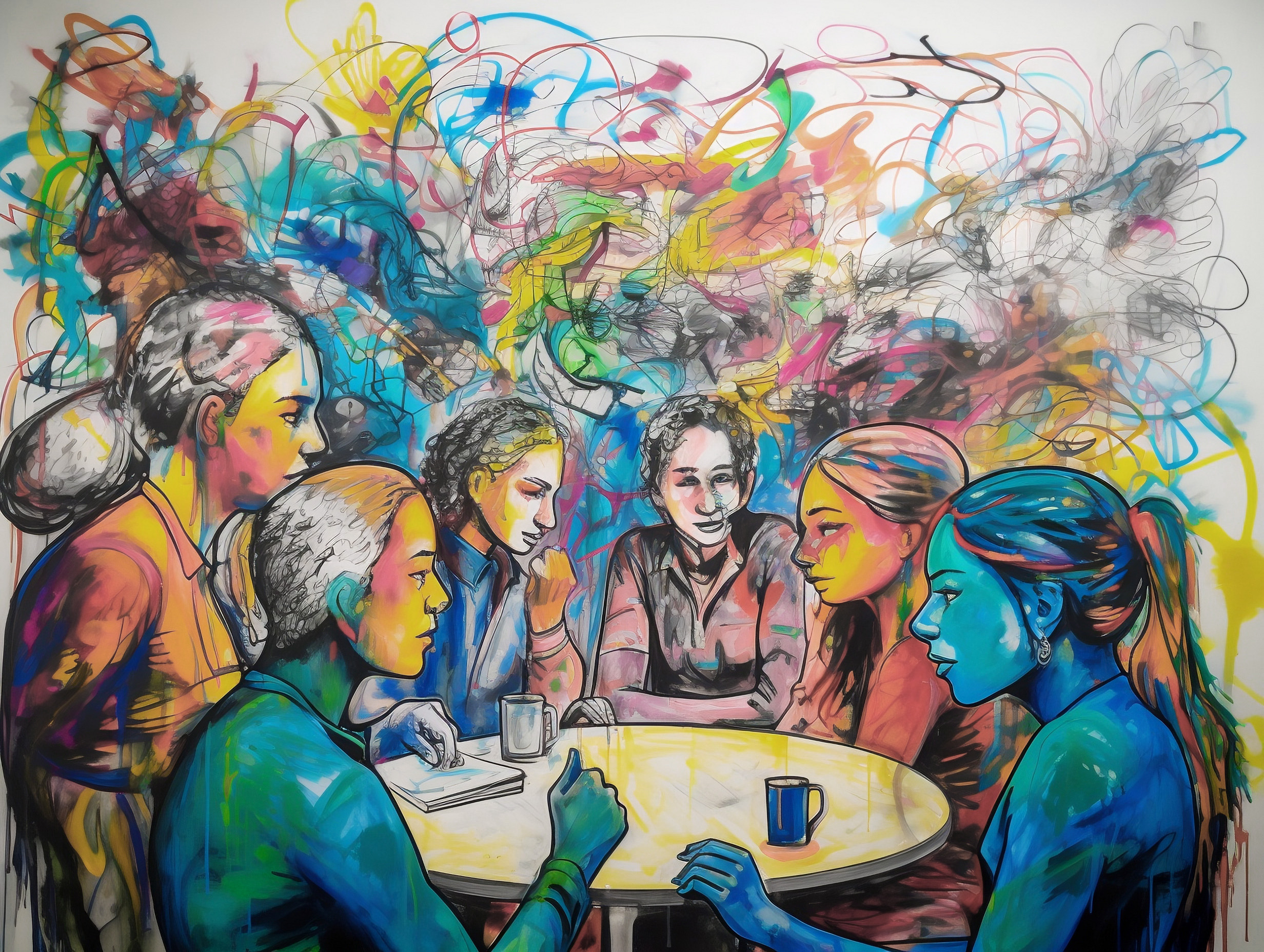 An expressionistic illustration of people sitting around an table discussing ideas.