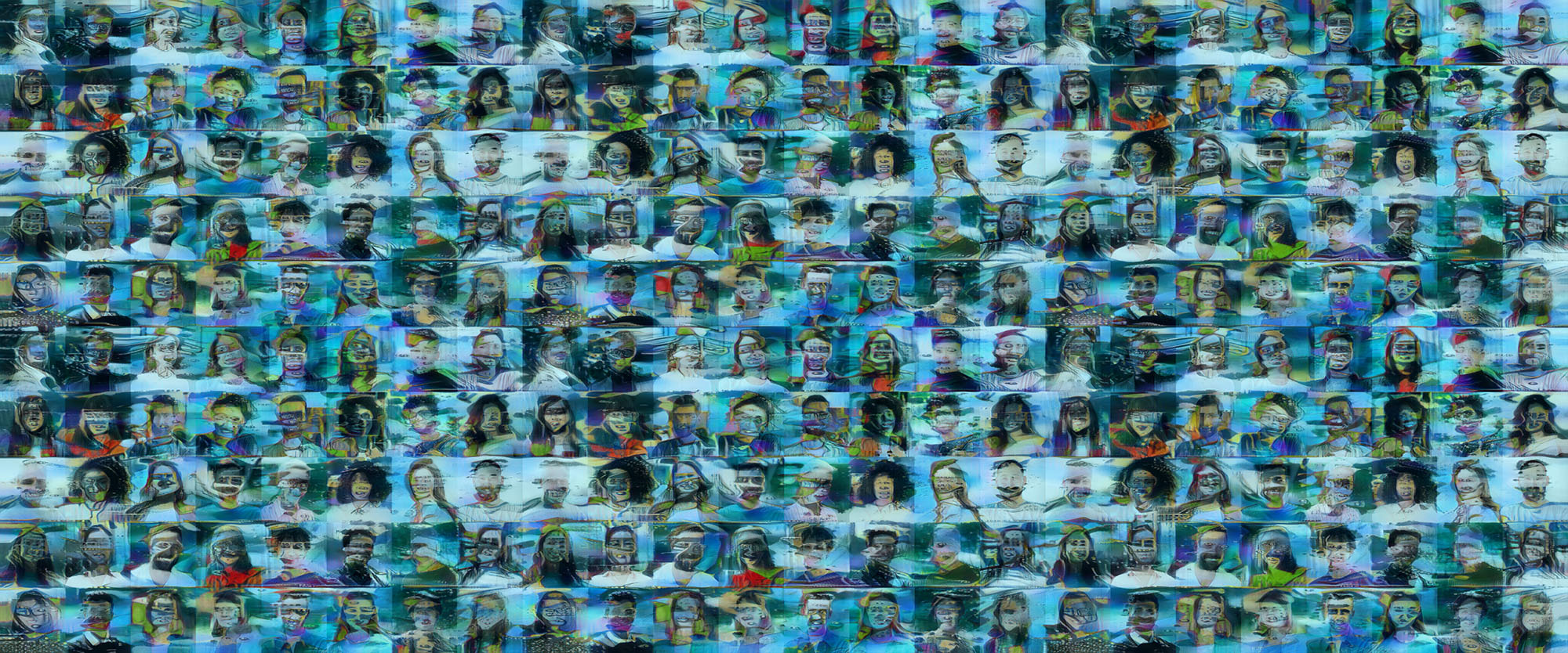 A mosaic of headshots of various people in a distorted colourized style.