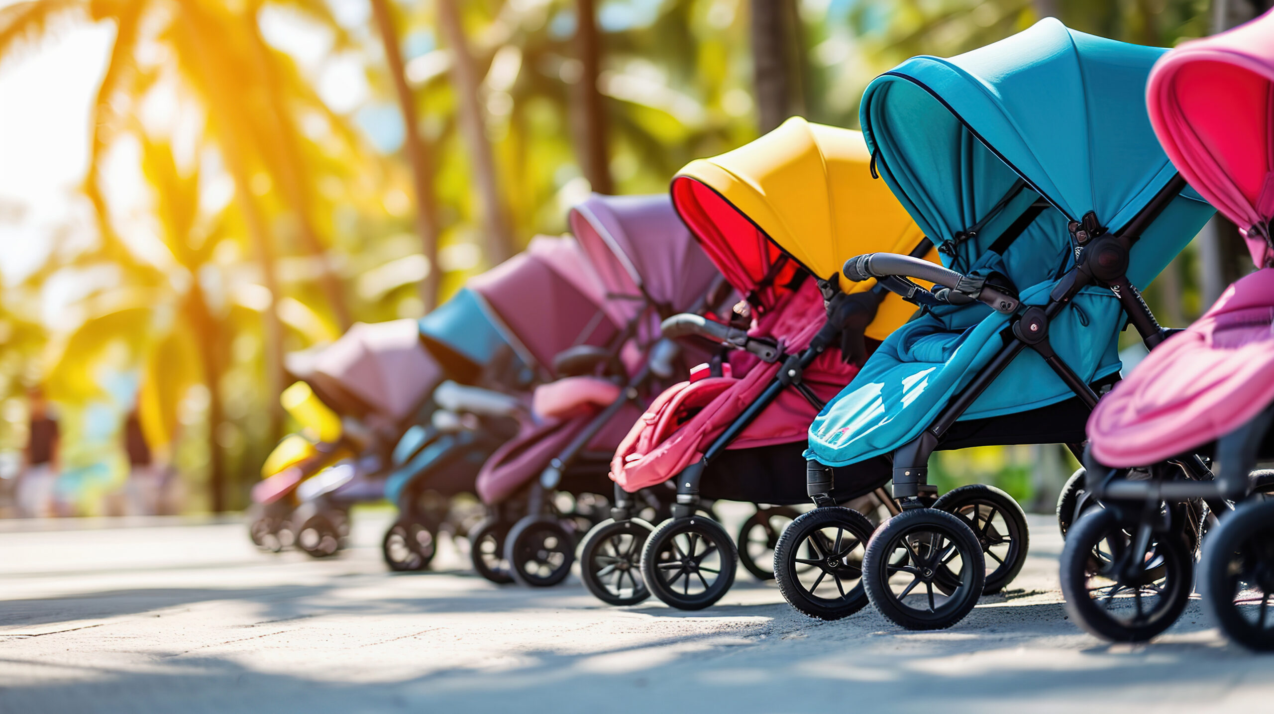 Row of colourful empty strollers