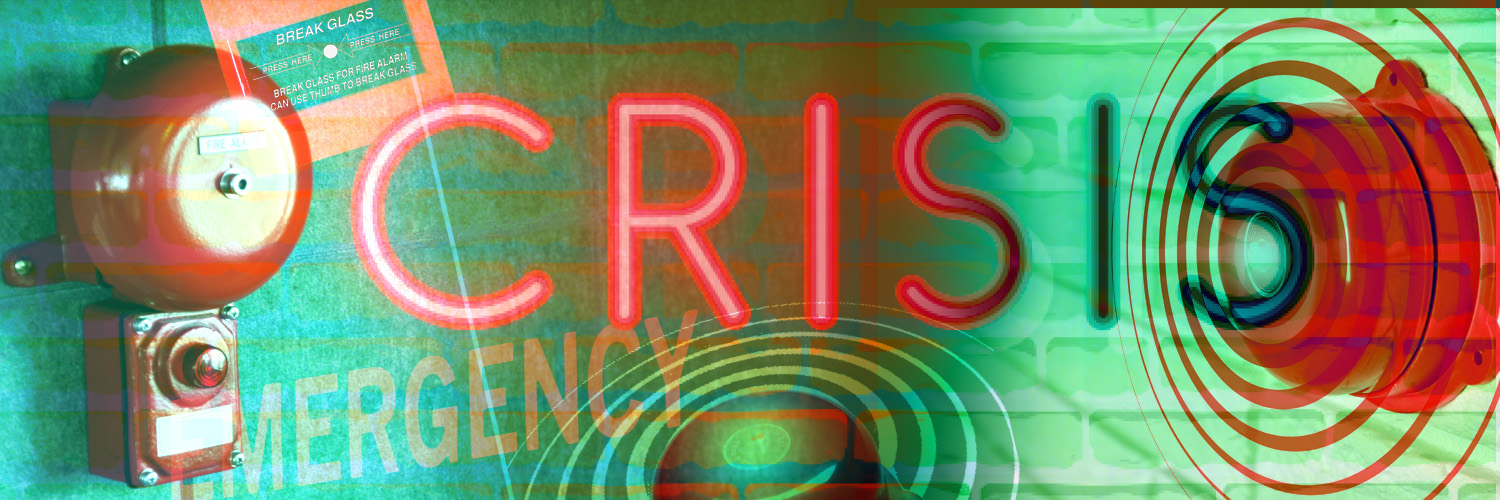 An illustration in red and green colours of alarms ringing and the words Crisis and Emergency.