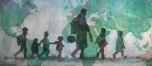 stylized map superimposed over silhouettes of an educator with a line of children walking