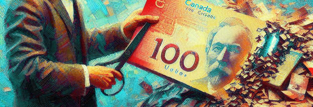 An AI Generated image of a man in a suit cutting up Canadian money.