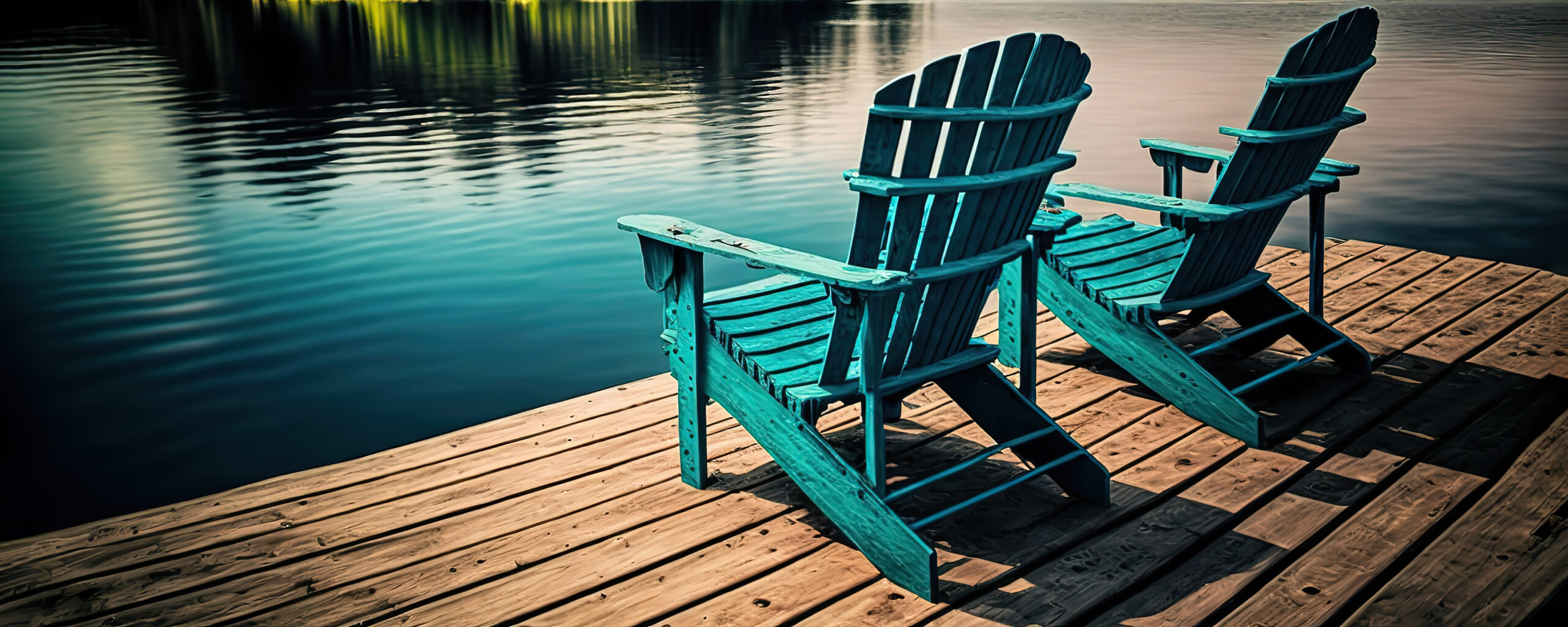 Blue muskoka chairs on a dock overlooking a lake.