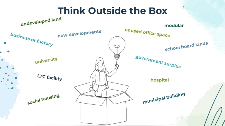 A slide with the text "Think outside the box" and a drawing of a woman popping out of a box with a lightbulb and various places/organizations to collaborate with
