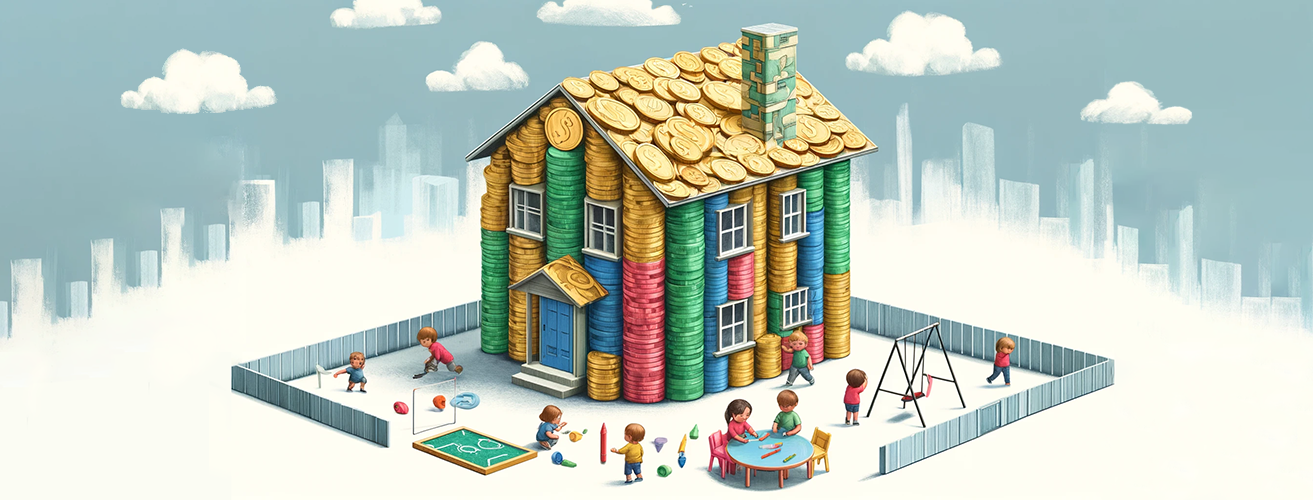 A cartoon-style whimsical illustration of a child care centre made up of coins with children in the playground.