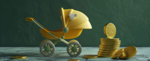 Tiny toy stroller surrounded by stacks of gold coins.