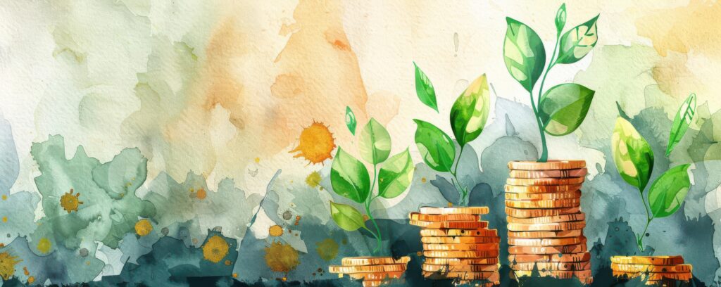 Abstract, watercolour style, AI generated image of plants growing out of stacks of coins.