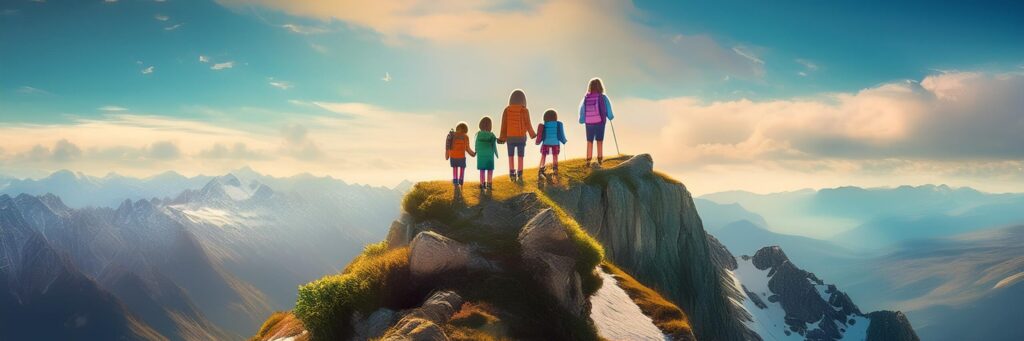 (AI Generated) Illustration of children and educator on the top of a mountain, with a blue sky and clouds and a view over countryside in the background.