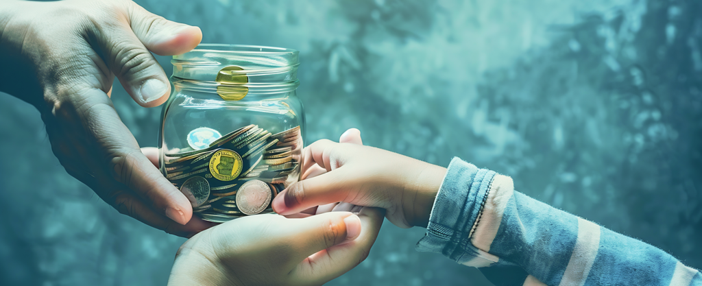 The hands of an adult passing a jar full of coins to the hands of two small children.