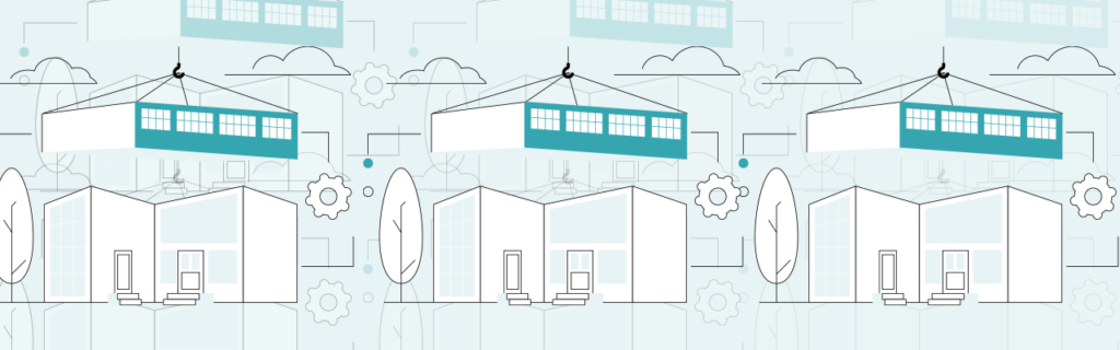 Simple line illustration of a modular building being built, copied and overlayed multiple times.