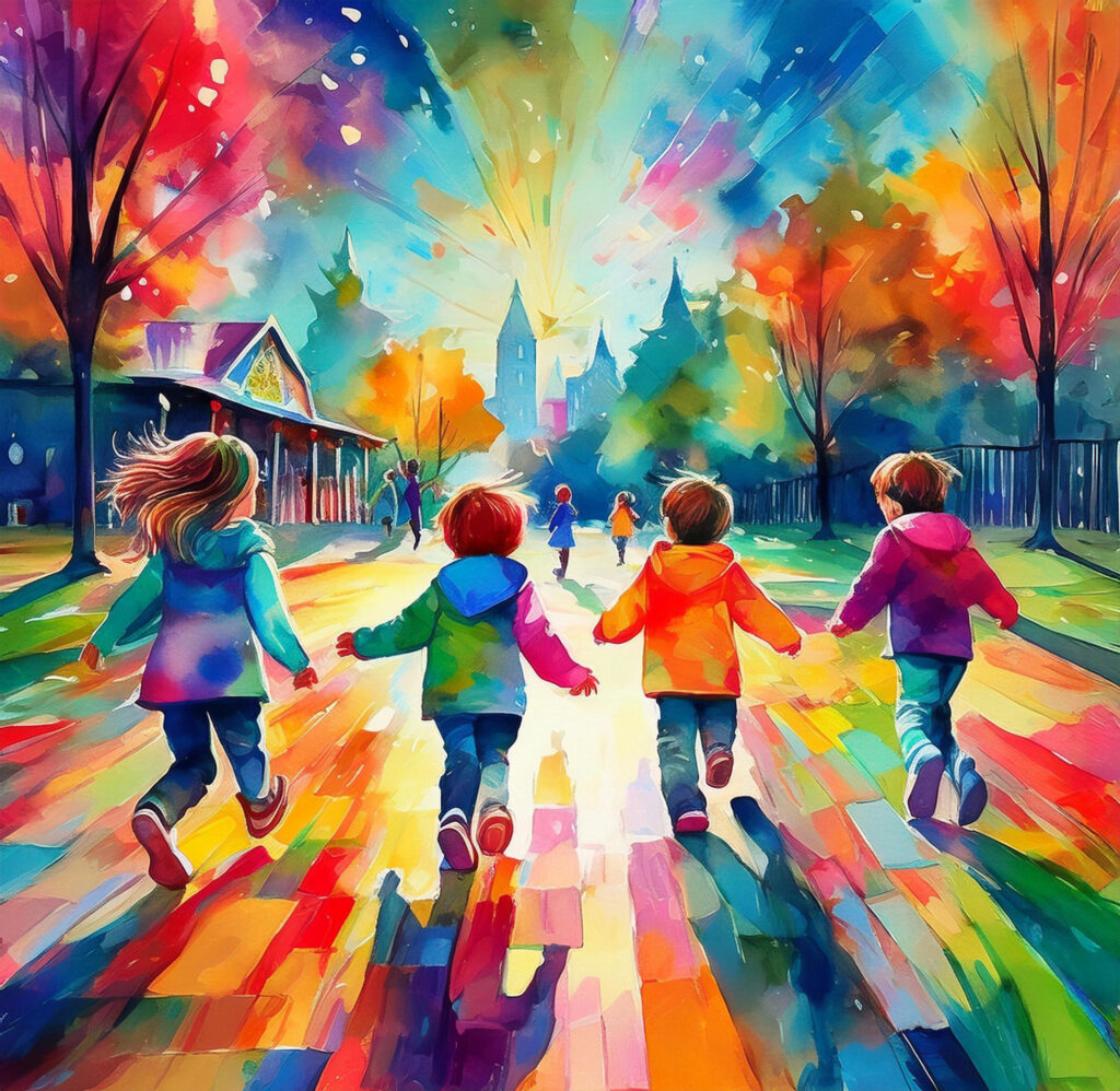 A watercolour-style painting of 4 children running in a playground. (AI generated)