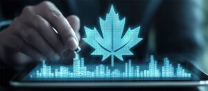 A hand interacting with a digital tablet displaying a Canadian maple leaf and data visualization. (AI)