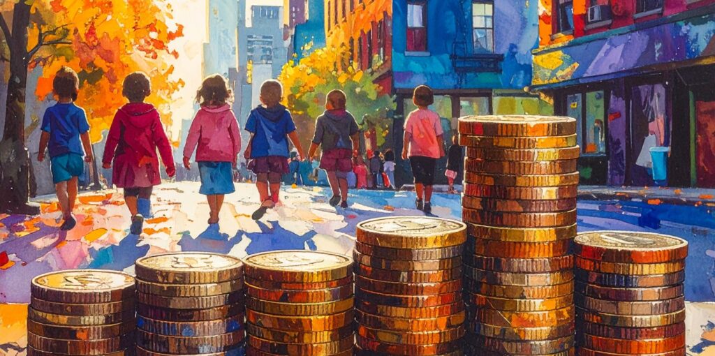 Colourful AI generated painting of a stack of coins in the foreground and children in an urban setting in the background.