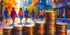 Colourful AI generated painting of a stack of coins in the foreground and children in an urban setting in the background.