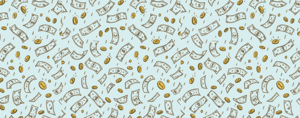 Cartoony images of falling dollar bills and coins on a light blue background.