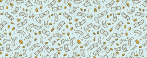 Cartoony images of falling dollar bills and coins on a light blue background.