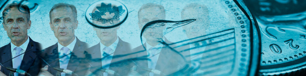 Multiple Mark Carneys overlayed on turquoise Canadian coins.