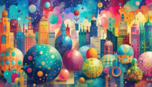 Colourful balls floating in an urban space (AI Generated)
