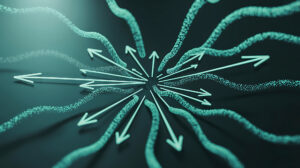 A series of arrows radiating from the centre of the image next to squiggly lines also radiating from the centre. All lines are in a turquoise colour.